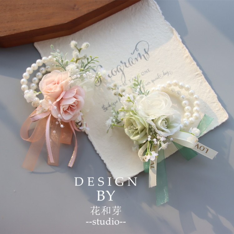 Original handmade Mori series meritocratic pink light green rose flowers bracelet bridesmaid's sister group activities wrist flowers