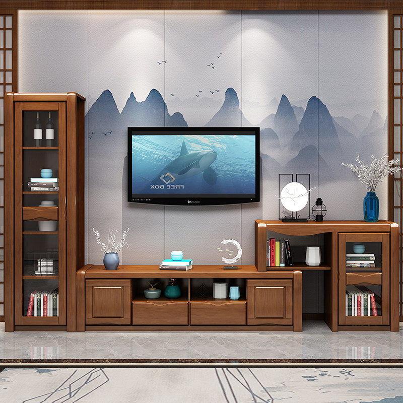 Solid wood TV cabinet Tea Table Combination Telescopic Movie & TV Cabinet Rubber Wood Wine Cabinet TV Cabinet Wall Cabinet Modern Chinese Cabinet