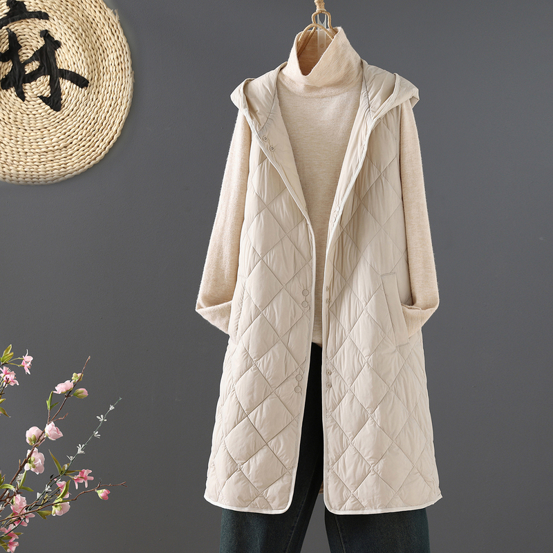 Mid-Length Hooded down Vest Cotton Coat for Women, Autumn and Winter Solid Color Coat, Inner Vest, Warm Slim-Fit Sleeveless Jacket