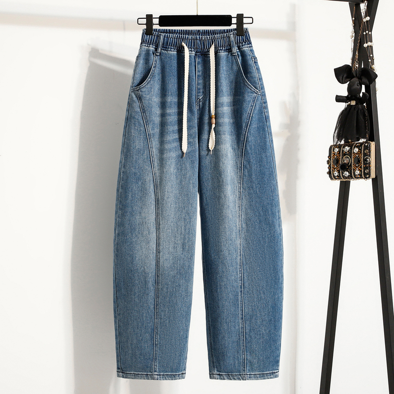 Everyday Versatile Casual Scimitar-Cut Jeans for Women, Spring Elastic Waist Drawstring, Age-Reducing, Slimming, Plus-Size Wide-Leg Pants