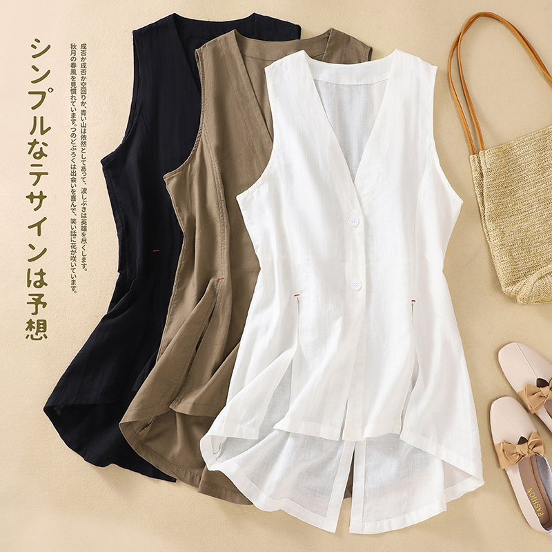 Cotton and Linen Mid-Length Vest Cardigan for Women, Summer Solid Color Loose V-Neck Casual Sun Protection Shirt, Sleeveless Linen Top