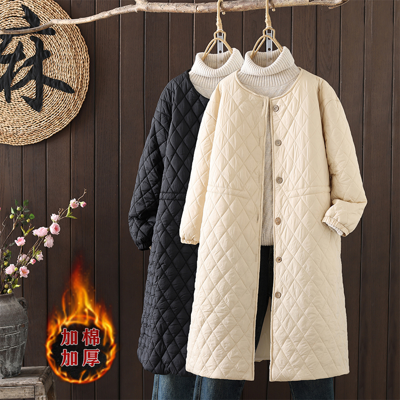 Mid-Length Quilted Quilted Cotton Coat for Women in Autumn and Winter, Lightweight Casual Large Size Loose and Simple Mother's Cardigan Cotton Coat