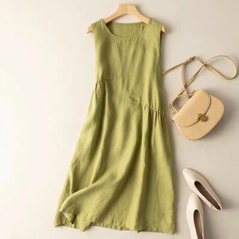 Cotton and Linen Vest Dress for Women in Summer, Solid Color Splicing, Loose Casual Mid-Length Pullover A-Line Linen Sleeveless Dress Cotton and Linen Vest Dress for Women in Summer, Solid Color Splicing, Loose Casual Mid-Length Pullover A-Line Linen Sleeveless Dress