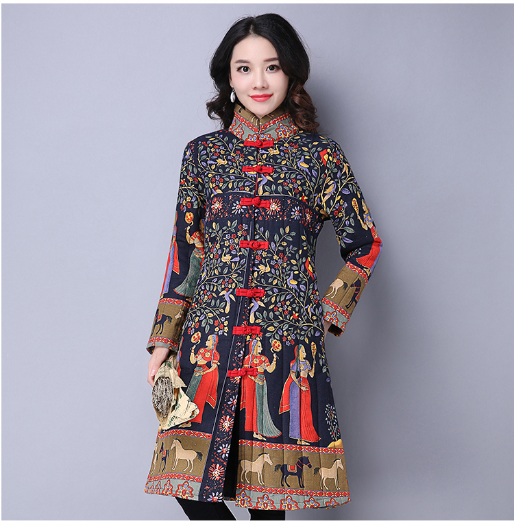 Mùa đông gió quốc gia cotton cổ điển 领 đứng cổ áo khóa in màu ấm dày chần bông phù hợp với áo bông nữ áo phao siêu nhẹ nữ