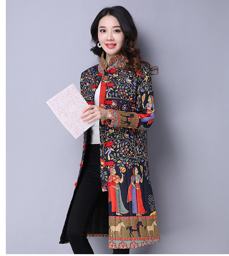Mùa đông gió quốc gia cotton cổ điển 领 đứng cổ áo khóa in màu ấm dày chần bông phù hợp với áo bông nữ áo phao siêu nhẹ nữ