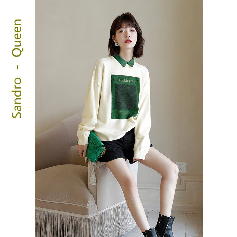 Sandro Queen2021 autumn new long-sleeved niche top women's fake two-piece knitted sweater temperament women's clothing