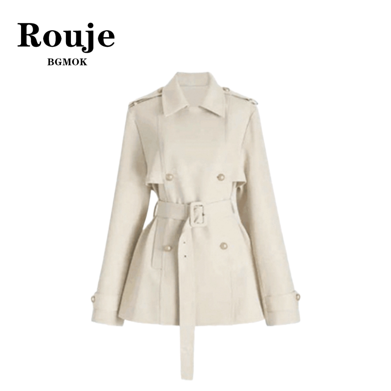 Rouje Bgmok New Autumn Style British-Style Double-Breasted Trench Coat with a Waist-Cinching Tie, Elegant Short Coat Rouje Bgmok New Autumn Style British-Style Double-Breasted Trench Coat with a Waist-Cinching Tie, Elegant Short Coat