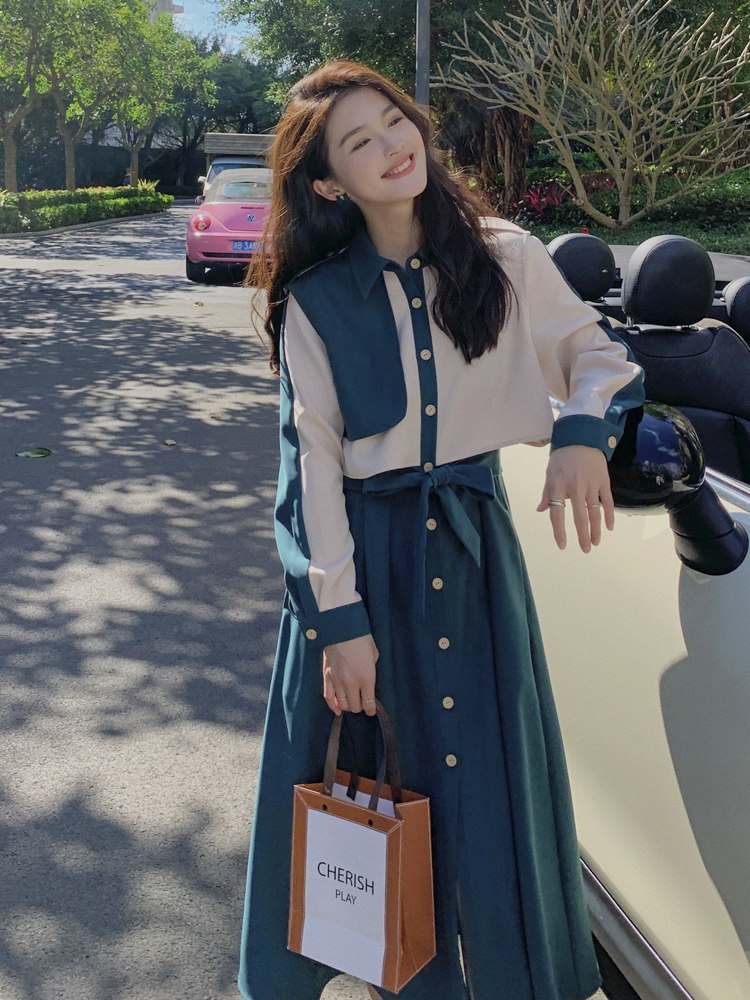 Sandro Queen2021 autumn new Korean version stitching dress niche French fake two-piece shirt dress