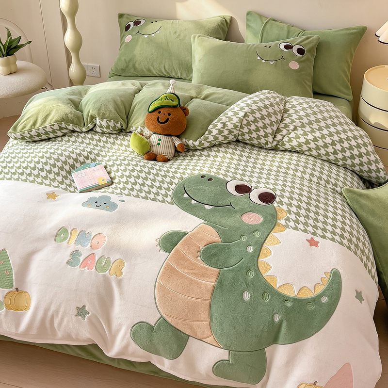 Cute Dinosaur Winter Milk Velvet Four-Piece Bedding Set, Warm and Thick Coral Velvet Duvet Cover, Student Bed Sheet Three-Piece Set Cute Dinosaur Winter Milk Velvet Four-Piece Bedding Set, Warm and Thick Coral Velvet Duvet Cover, Student Bed Sheet Three-Piece Set