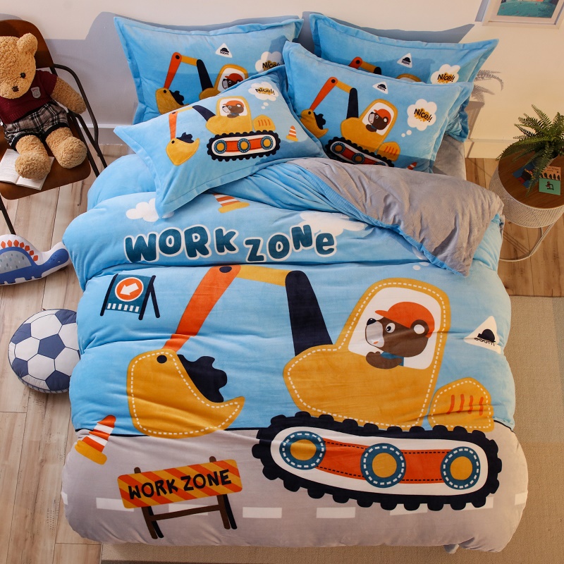 Cartoon milk velvet coral velvet bedding four-piece flannel bed single duvet cover Three-piece set of children and boys