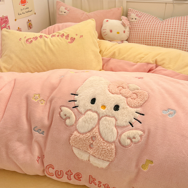 Girly Kt Cat Milk Velvet Bedding Set Four-Piece Set for Autumn and Winter, Thickened Coral Fleece Duvet Cover, Bed Sheet, Children's Three-Piece Set