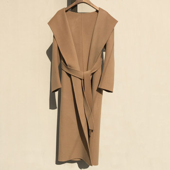 双面羊毛大衣女连帽长款腰带羊毛呢加长睡袍外套带帽宽松系带