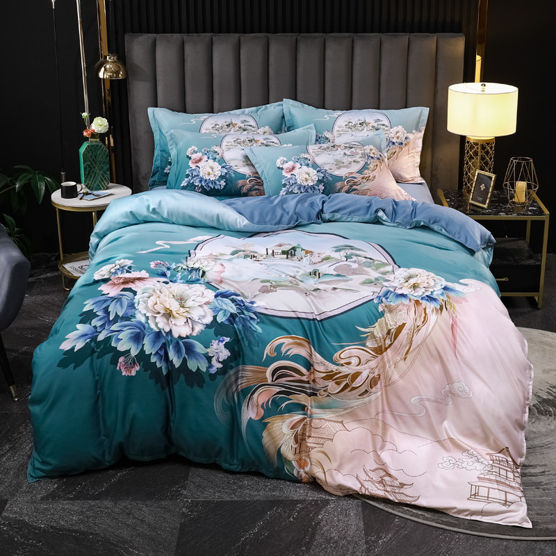 Summer European Style Ice Silk Cool Sensation 3D Digital Printed Four Pieces Of Rind Washed Real Silk Double Man Bed Bedding Gradual quilt cover