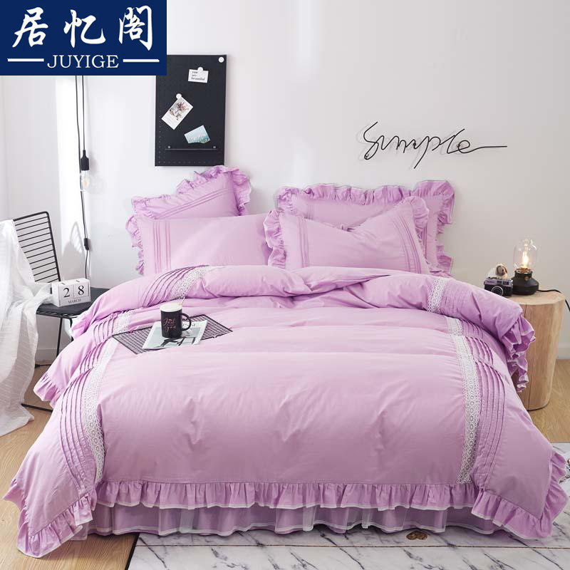 Net Red Bunk Bed Skirt Four Pieces Full Cotton Princess Wind Lace Bedcover Large Red Wedding Bed Pure Cotton 4 Pieces Cover