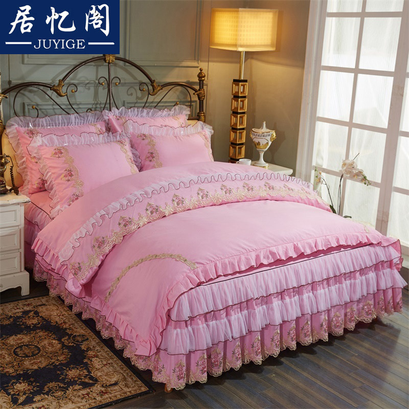 European-style pure cotton lace bed skirt four-piece set embroidered lace bed cover princess solid color cotton 1 5m1 8m2 bedding
