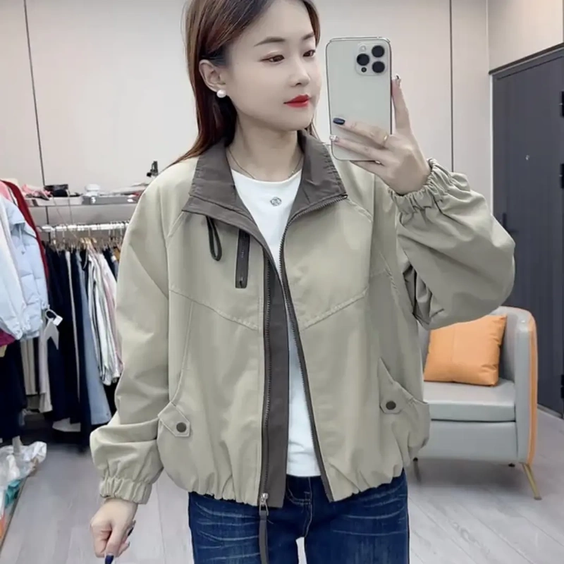 American Retro Stand-Up Collar Zipper Short Jacket for Women, Spring and Autumn Loose Casual Workwear Jacket, Stylish Top for Petite Figures