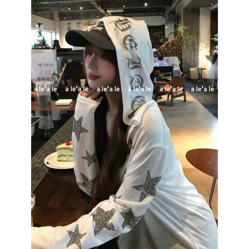 A Le'A Le 克~Stars Are Twinkling! 26Ss New Style Sanskrit Letter Rhinestone Sun Protection Hooded Jacket for Women A Le'A Le 克~Stars Are Twinkling! 26Ss New Style Sanskrit Letter Rhinestone Sun Protection Hooded Jacket for Women