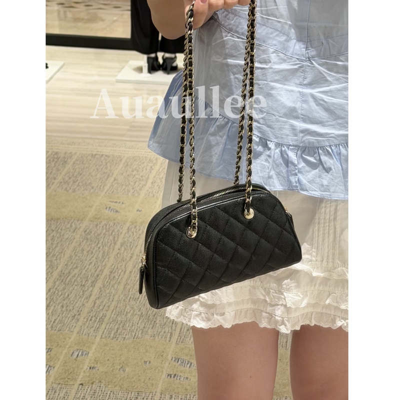 Auaullee Is Exquisite and Cute! 26P Black Gold Caviar Mini Bowling Ball Quilted Chain Underarm Clutch Bag