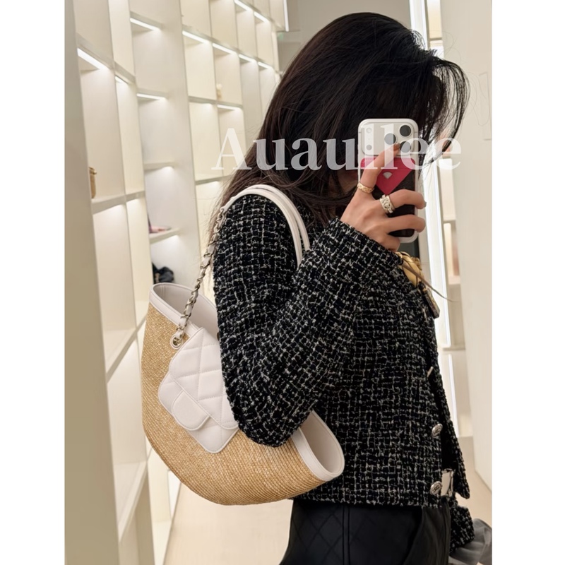 Auaullee Old Money Vacation Style ~ 26C Raffia Woven with Lambskin Casual Basket Bag Handmade Woven Bag