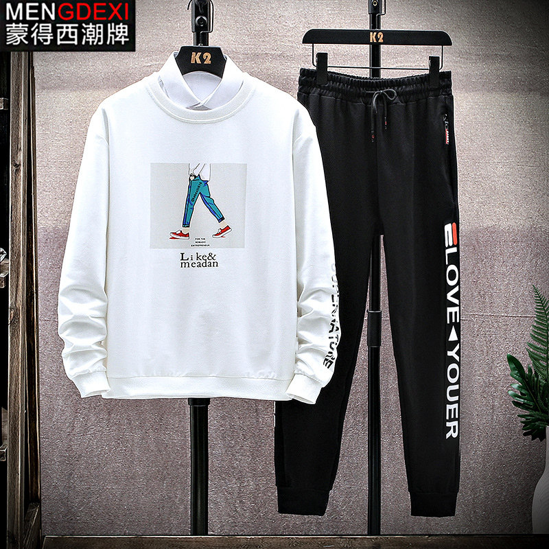 Men's round collar sweatshirt suit Korean version loose leisure sportswear two sets of handsome collocation on a suit of clothes