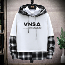 Hooded sweater men fake two pieces of clothes 2020 new autumn plaid jacket trend hoodie boys autumn clothes