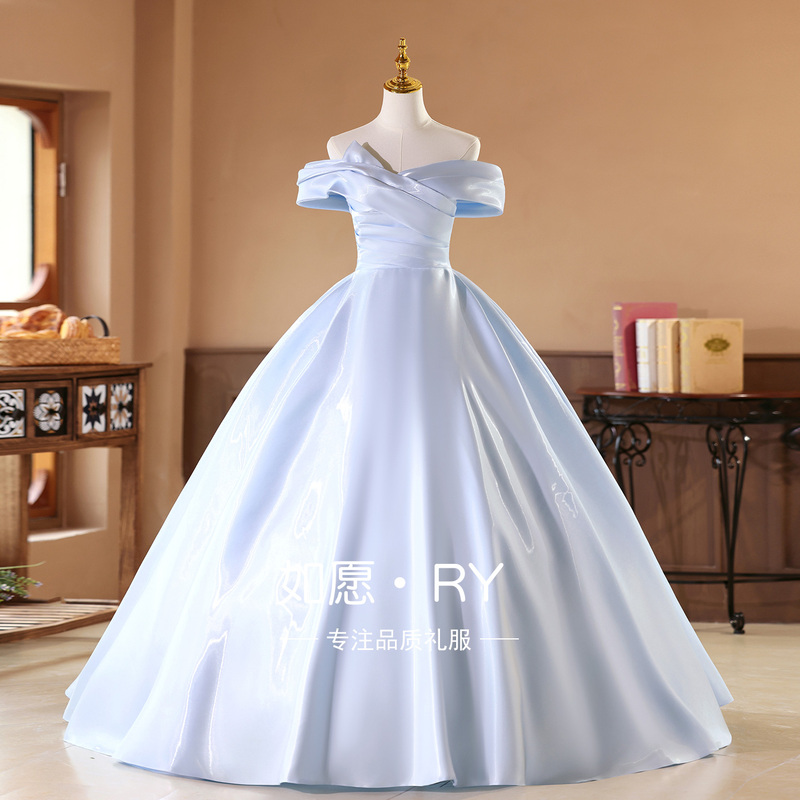 Blue Evening Dress for Women, High-End Light Luxury, Niche, Birthday Host, Banquet, Graduation, Art Exam, Solo Performance Outfit, Annual Meeting