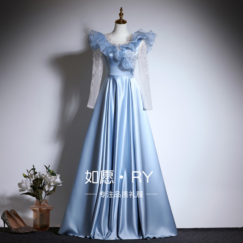 Blue Evening Dress for Women, High-End Vocal and Piano Performance, Tutu Skirt, Guzheng, Light Luxury, Coming-Of-Age Ceremony, Host Style Blue Evening Dress for Women, High-End Vocal and Piano Performance, Tutu Skirt, Guzheng, Light Luxury, Coming-Of-Age Ceremony, Host Style