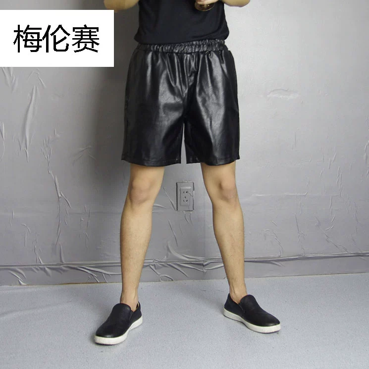 Mùa xuân và mùa hè đặc biệt quần da nam phần mỏng pu leather shorts Hàn Quốc phiên bản của triều đàn hồi eo năm điểm quần da lỏng hip hop avant-garde