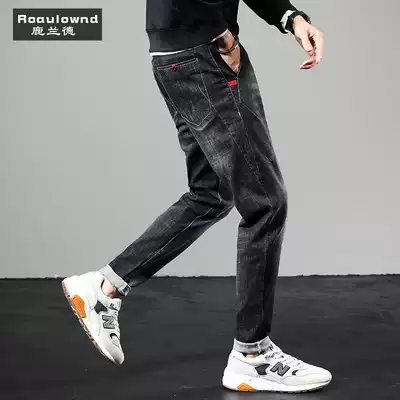 Tide brand stretch jeans men's slim feet autumn and winter new men's casual long pants Korean trend Wild
