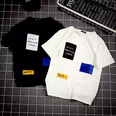 Tide brand White T-shirt men's stitching short sleeves spring summer fat man's big size loose trend personality wild half sleeve