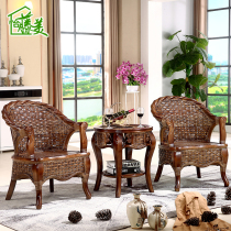 Rattan chair coffee table three-piece set home solid wood Real rattan leisure single backrest chair balcony table and chair tea table combination