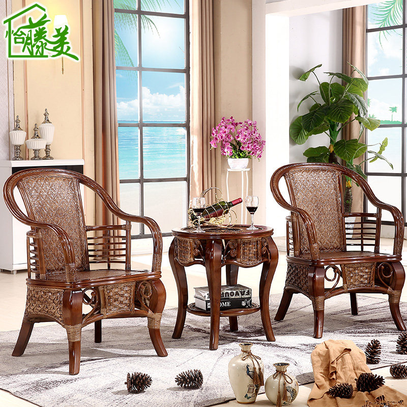 Living room solid wood real rattan chair coffee table three-piece set rattan rattan weaving guest leisure courtyard Yangtai table and chair combination
