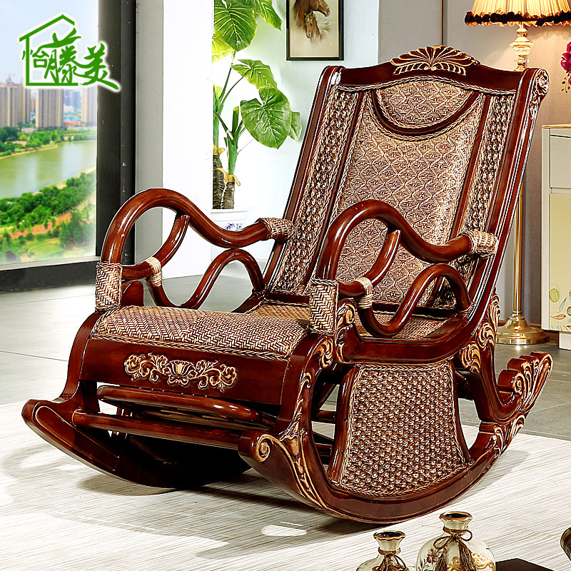 Eurostyle real vine rocking chair solid wood rattan old man's lunch break Lying Chair Adult Indoor Balcony Casual Rattan Chair