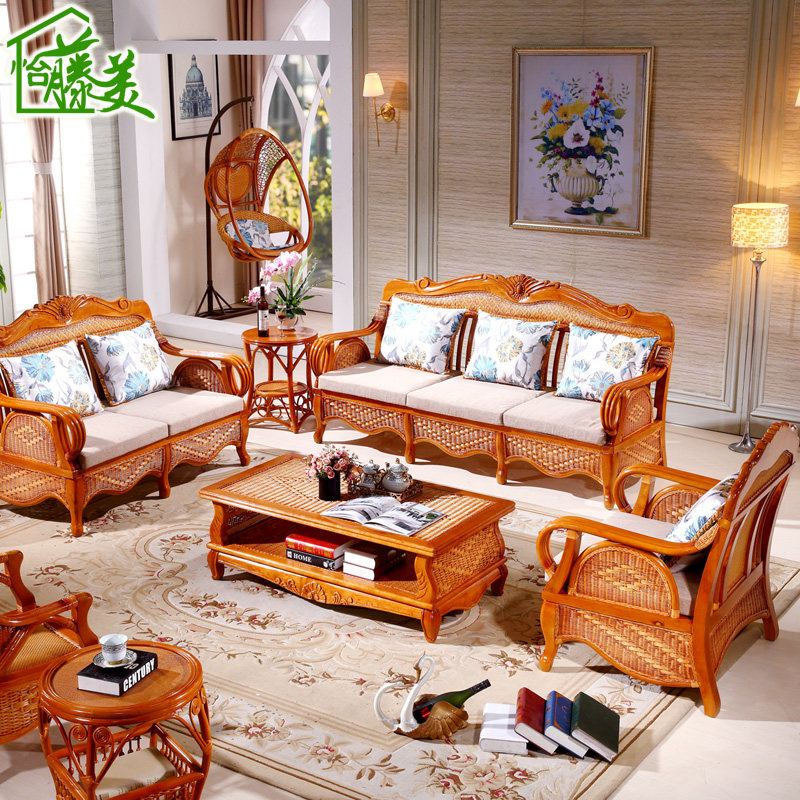 Living Room Real Rattan Sofa Vines Chair Solid Wood Vines single double trio Tea Table Combo Casual Vines Rattan-Taobao