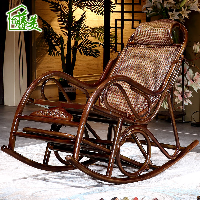 Balcony real rattan woven rocking chair Lazy rattan chair Household adult old man rocking chair Rattan art leisure chair Cool chair