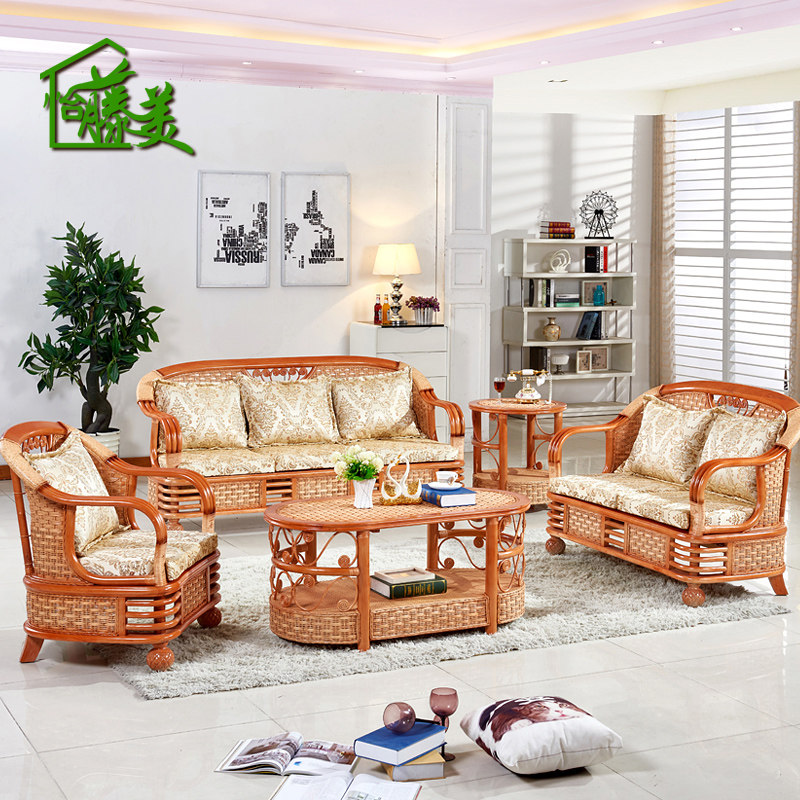 Rattan living room rattan art real rattan leisure single double three-person sofa rattan chair coffee table combination five-piece set - Taobao