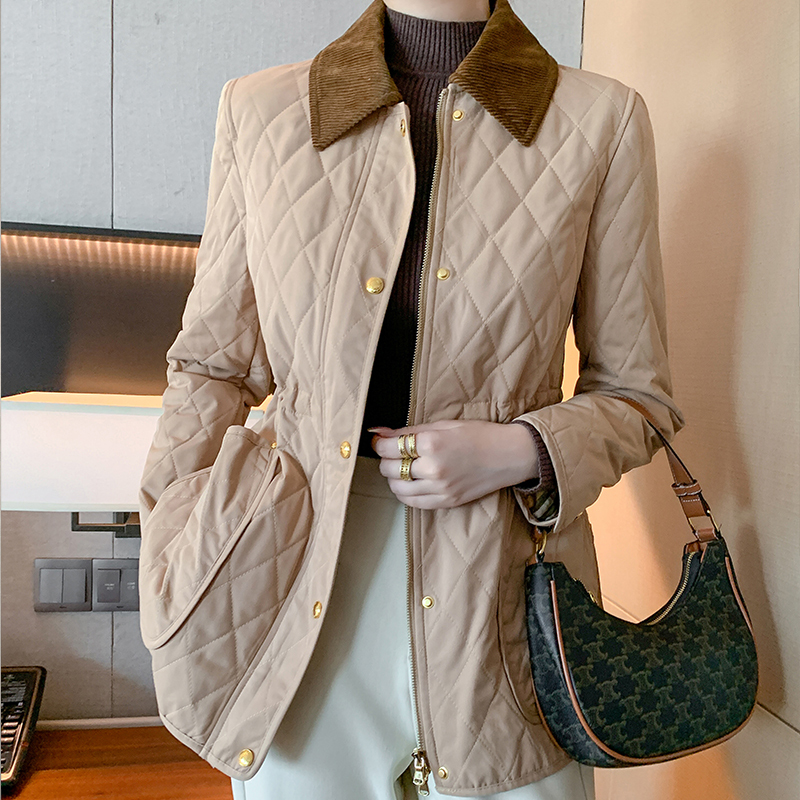2025 New British Style Diamond-Patterned Thin Cotton Coat for Spring and Autumn, Double-Layered Cotton, Loose Fit, Slimming Quilted Cotton Jacket for Women