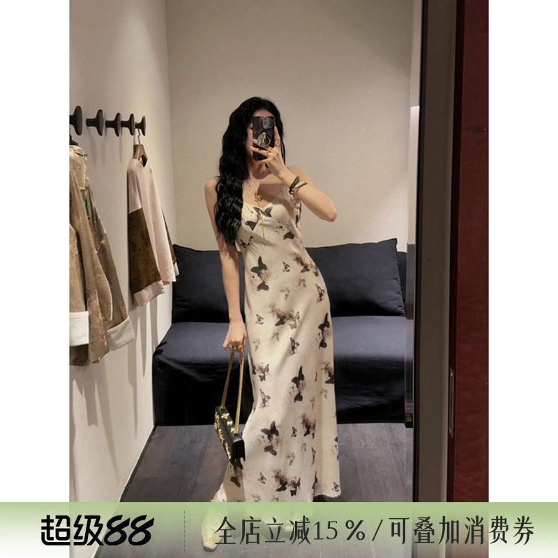 【Exclusive Buyer Zhuzhu】Sanji Black Flower【Zhuang Zhou Dreaming of Butterflies】New Chinese Style Satin Strap Dress