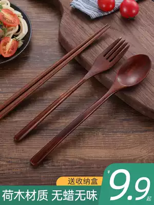 Japanese-style portable chopsticks spoon set Wooden tableware three-piece set Student fork spoon Solid wood Kuaizi household