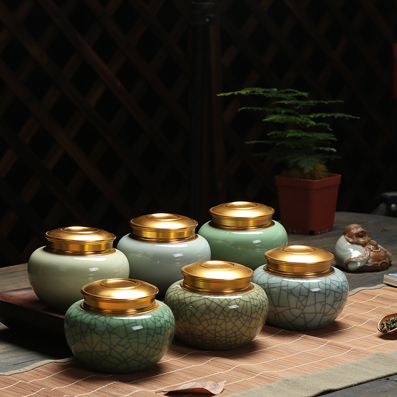 Pro-rhyming green porcelain tea leaf jar ceramic sealing tank tin jar stainless steel metal tea leaf jar packing box