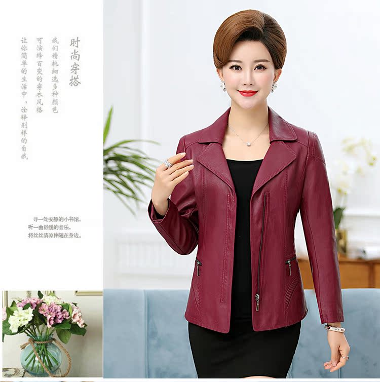 Mẹ mùa xuân và mùa thu da Phụ nữ pu Pew Áo khoác ve áo Trung niên Kích thước lớn Phụ nữ áo khoác da nhỏ - Quần áo da áo khoác da nữ zara