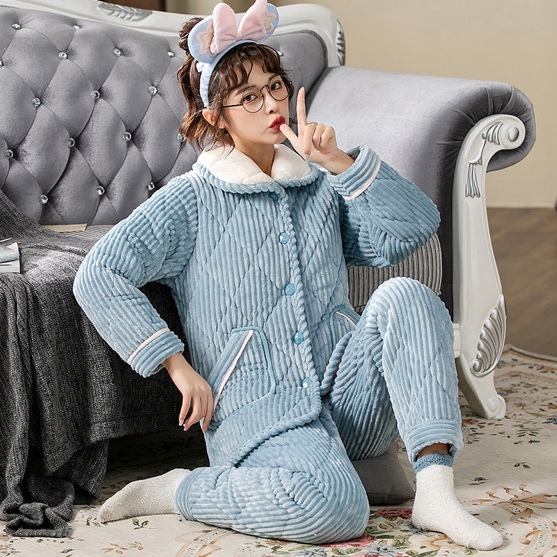 Pajamas Ladies Winter Three-layer Thickened Flannel Pyjamas Suit Autumn Warm Coral Suede Jacket Cotton Padded Jacket