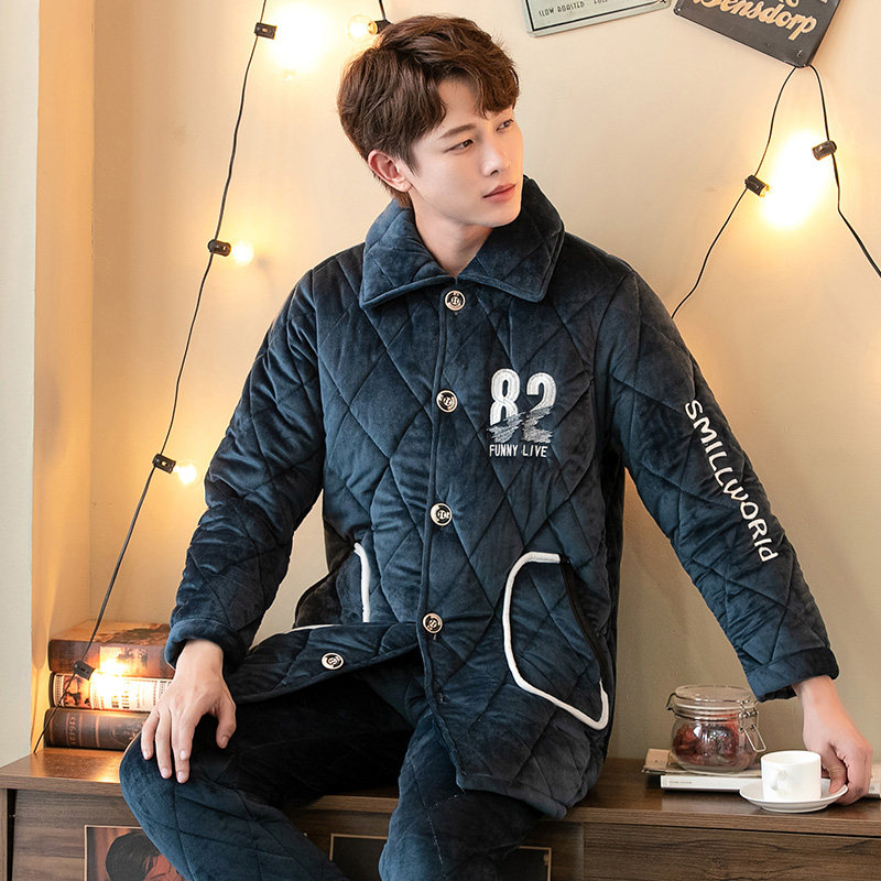 Pajamas men's winter coral fleece three-layer thickened quilted pajamas men's cotton-padded jacket suit large size flannel home service