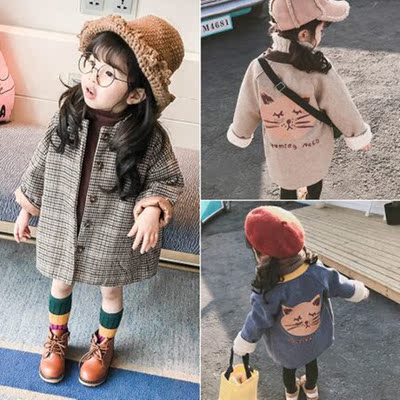 女童中长款毛呢外套格子呢大衣