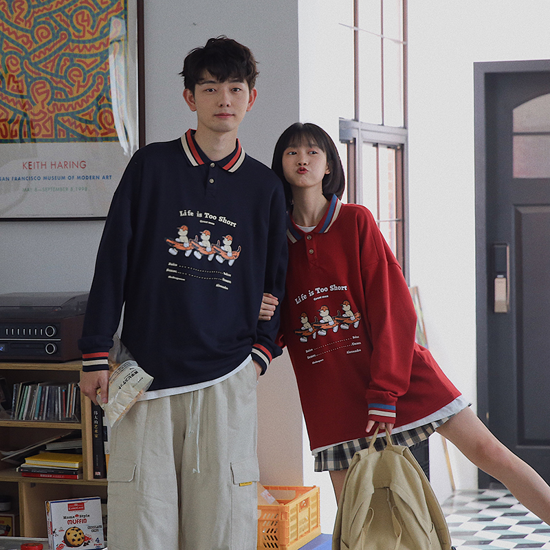 Autumn new cartoon Lapel Long Sleeve Polo Student Korean loose sweater men's fashion