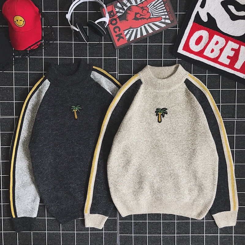 Shirajima, South Korea ulzzang, Japanese Vintage coconut embroidered sweater couple Harajuku style loose knit men's fash
