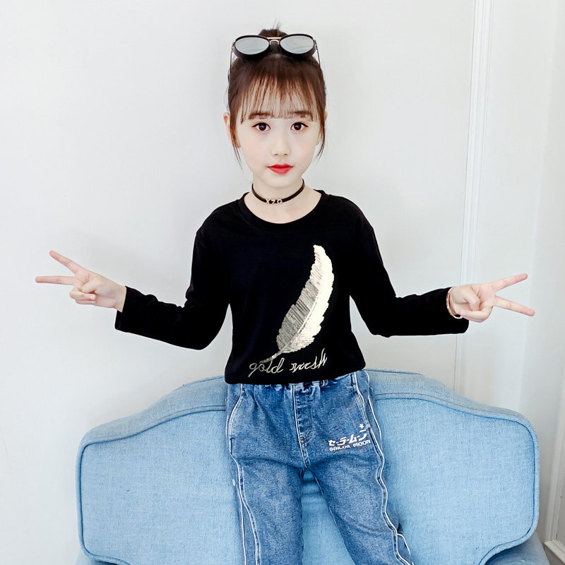 Girl Long Sleeve T-shirt Pure Cotton Spring Autumn CUHK Child Black Spring Dress Korean Version Foreign Pie Children's Undershirt Thin T