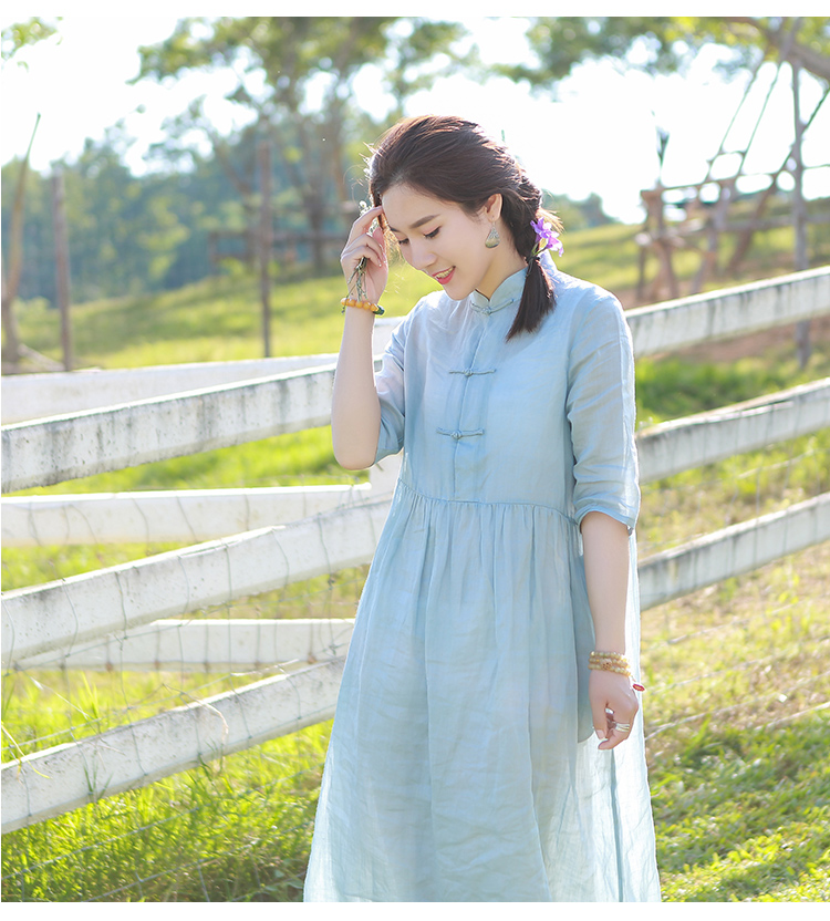 Ma Lin văn chương gốc nữ 2019 hè mới phong cách Trung Quốc cổ áo cải tiến khóa cổ áo đầm xòe - Sản phẩm HOT đầm trắng đẹp