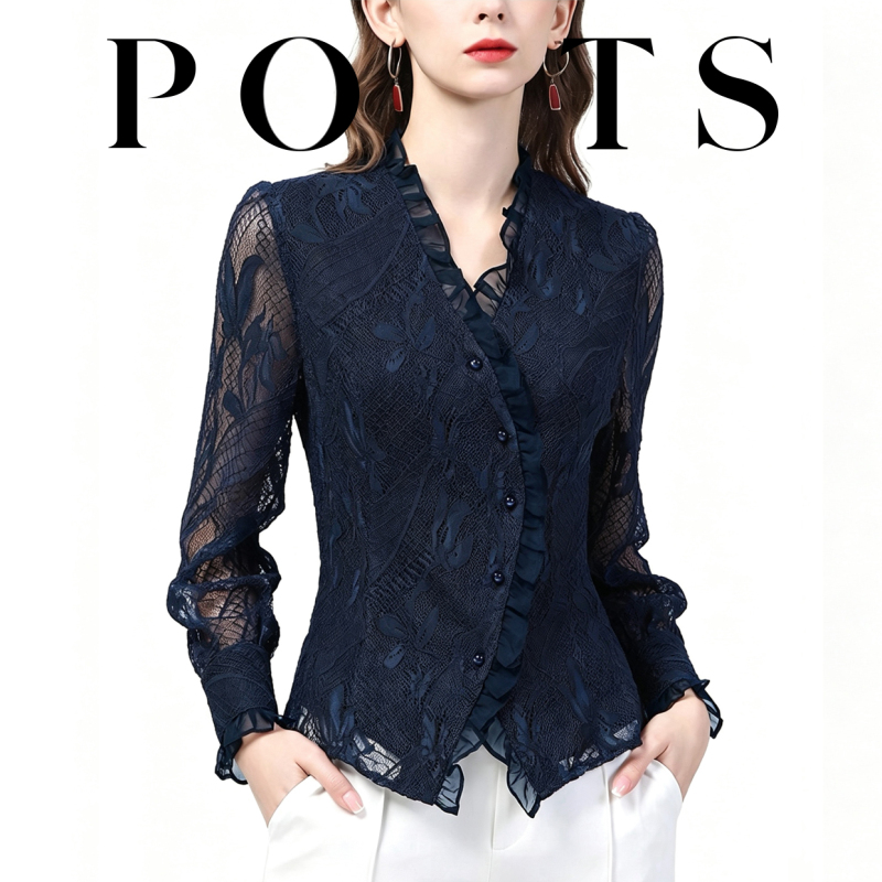 International Brand Women's Spring/Summer Cardigan Jacket, Lace Long-Sleeve Shirt, Stylish Ruffled Waist-Cinching Base Shirt