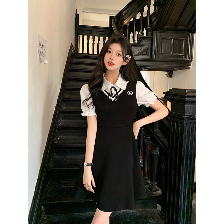 Uu Anna Plus-Size Women's Summer College Style Fake Two-Piece Slimming Dress for Chubby Girls, Black Dress That Hides Fat